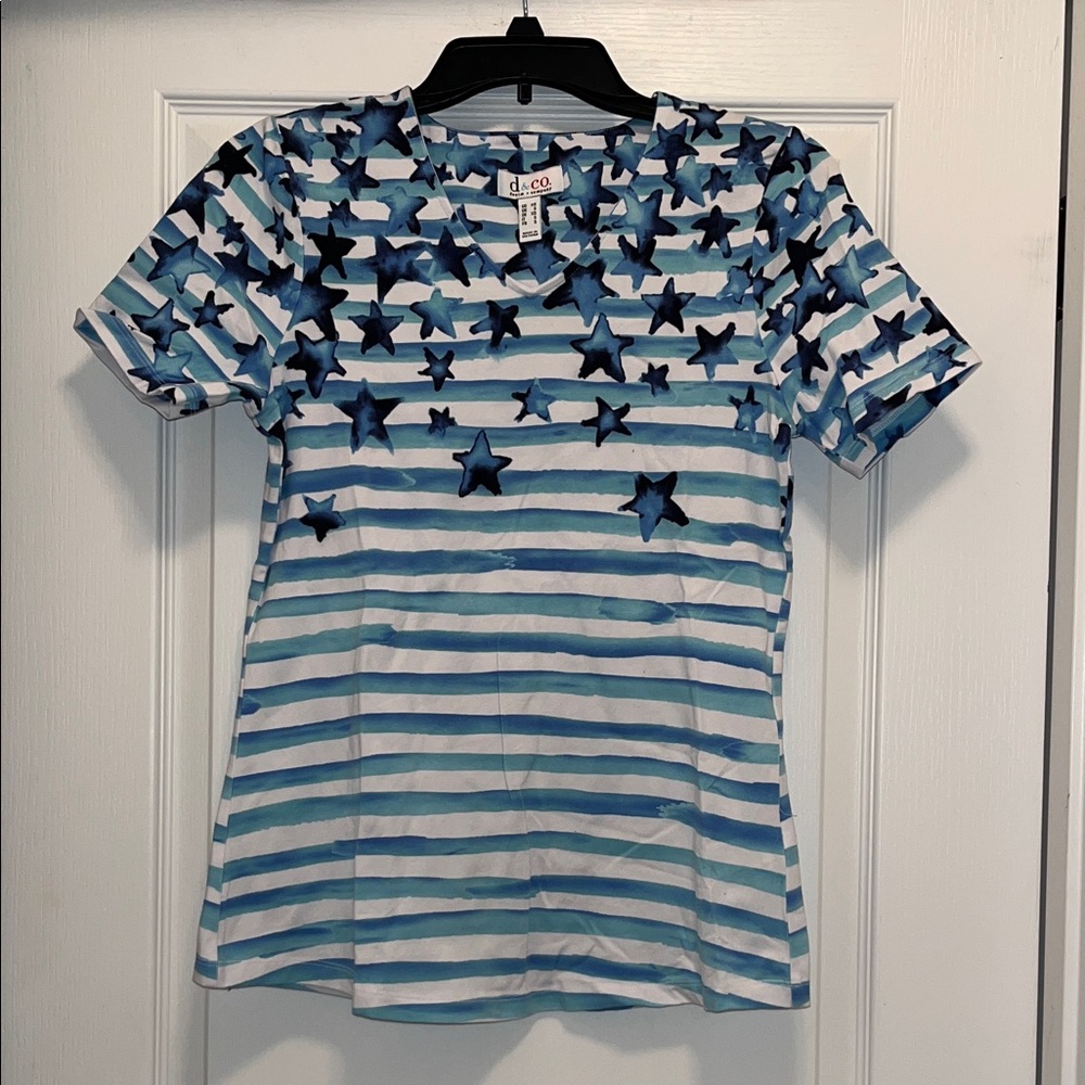 Denim&Co Blue and White Star Striped Tee
